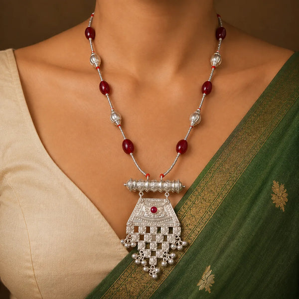 925 Sterling Silver Traditional Jantar Necklace with Red Beads