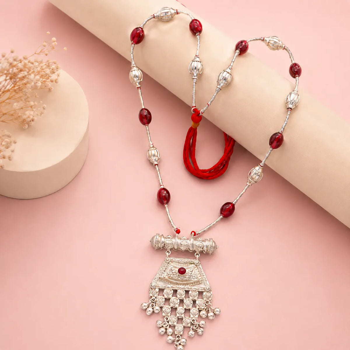 925 Sterling Silver Traditional Jantar Necklace with Red Beads