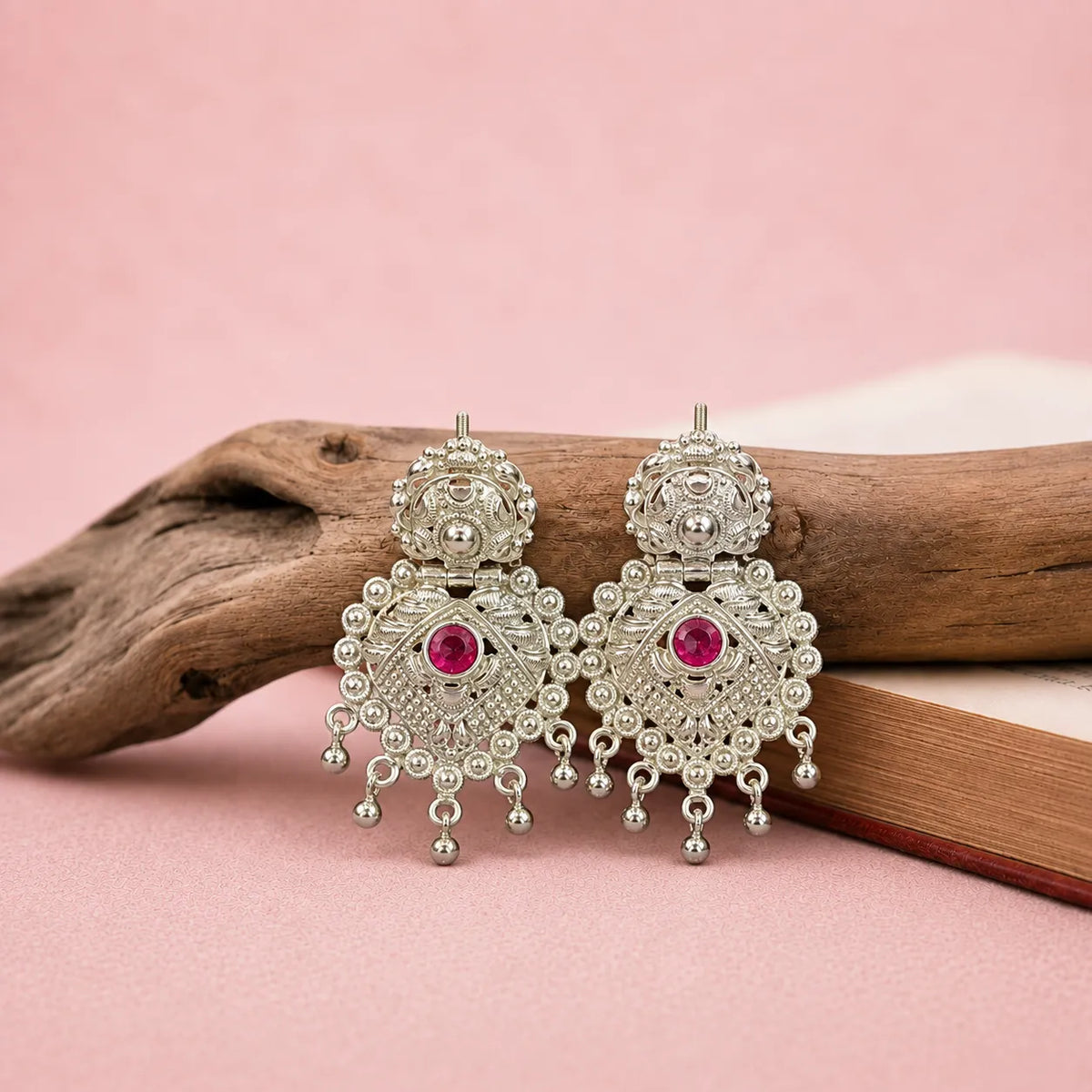 925 Sterling Silver Traditional Pink Accent Drop Earrings