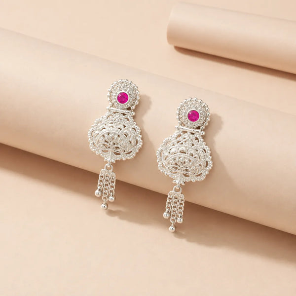925 Sterling Silver Traditional Pink Stone Filigree Dangler Earrings