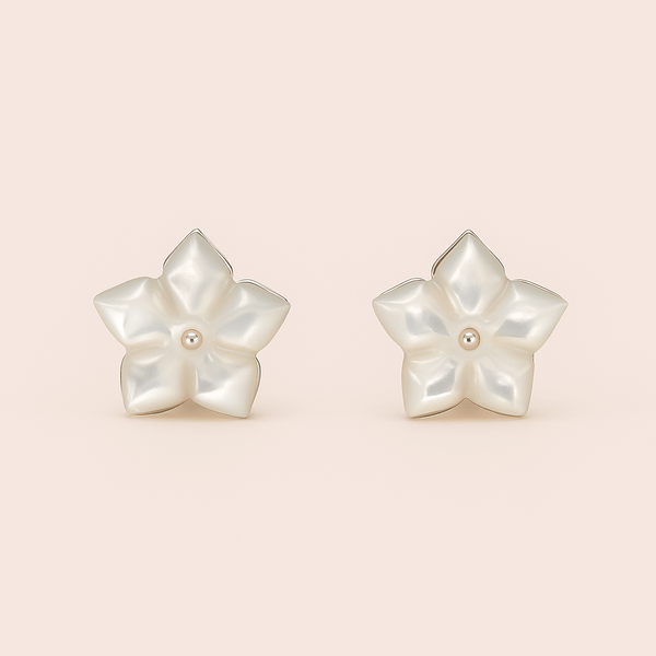 Silver Mother of Pearl Floral Stud Earrings in 925 Sterling Silver