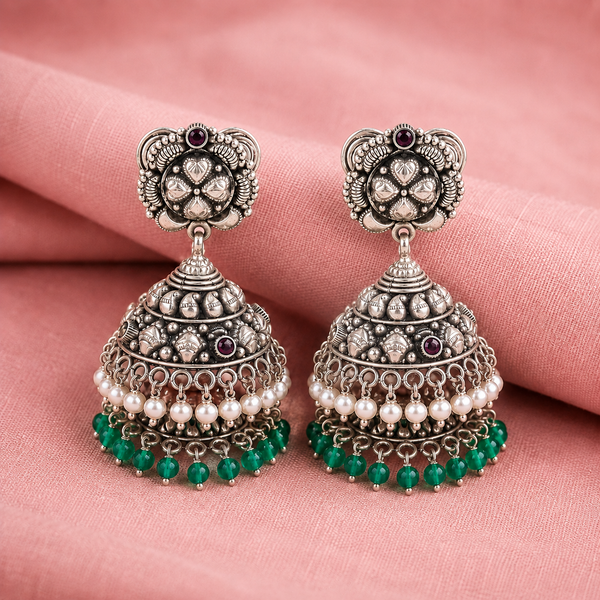925 Silver Oxidized Jhumka Earrings with Pearl & Green Beads