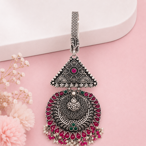 925 Silver Antique Triangle Floral Key Ring with Pink & Green Stone Work