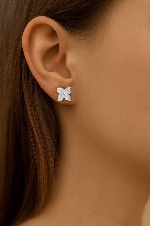 Silver Mother-of-Pearl Butterfly Flower Stud Earrings in 925 Sterling Silver