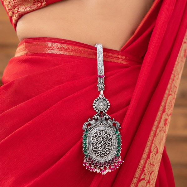 925 Silver Antique Peacock Key Ring with Green & Pink Stone Detailing