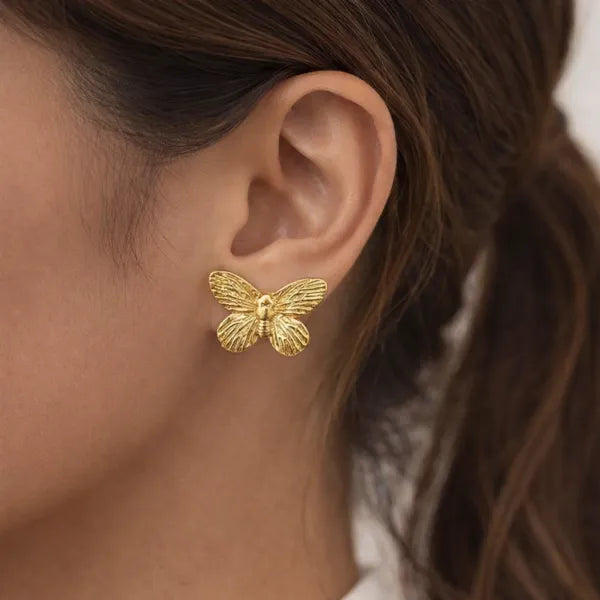 Anti-Tarnish Gold Butterfly Stud Earrings – Textured Elegant Design