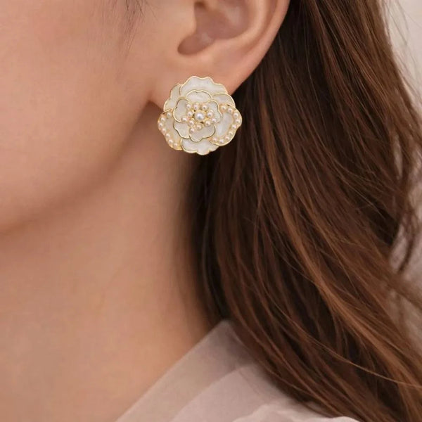 Anti-Tarnish Gold Floral Pearl Stud Earrings