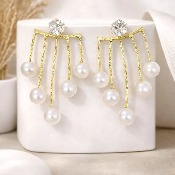 Anti-Tarnish Gold Pearl Fringe Earrings