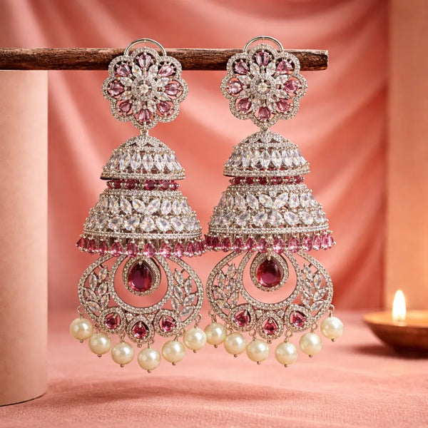 Noir Tiered Crystal Pink Jhumkas – Anti-Tarnish