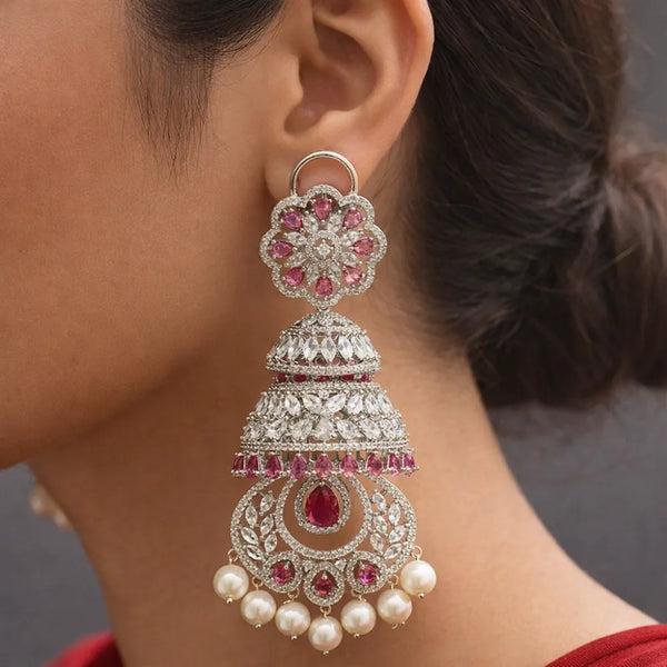 Noir Tiered Crystal Pink Jhumkas – Anti-Tarnish