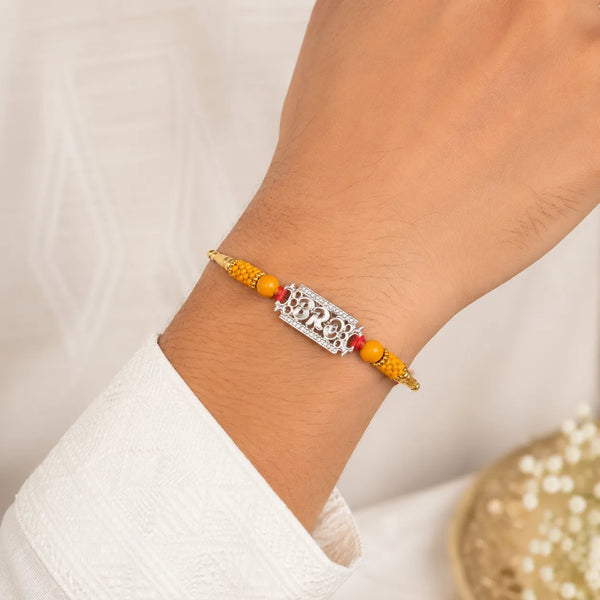 BRO Silver Rakhi with Orange Beads | Frolic Jewels