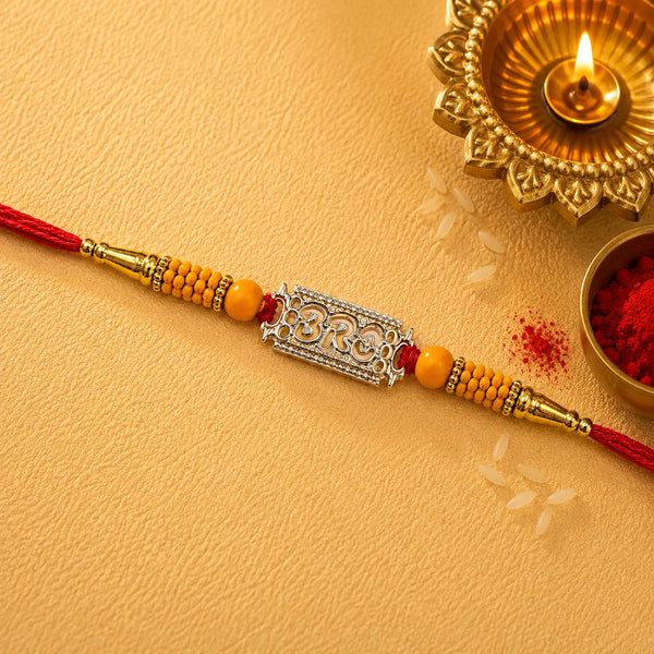 BRO Silver Rakhi with Orange Beads | Frolic Jewels