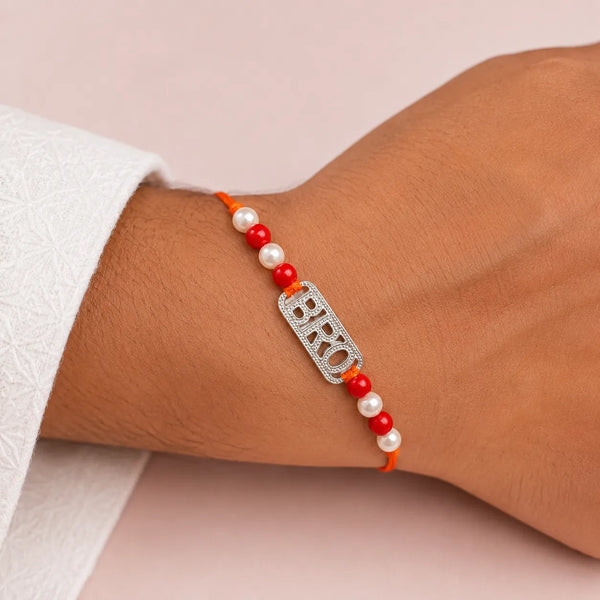 BRO Silver Rakhi with Red and Pearl Beads