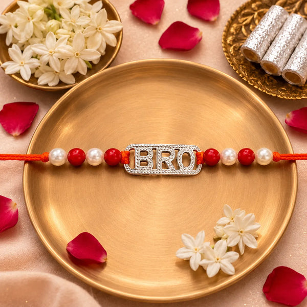 BRO Silver Rakhi with Red and Pearl Beads