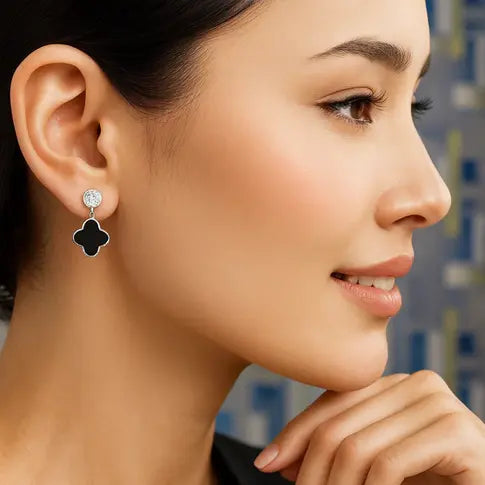 Black Clover Drop Silver Stud Earrings