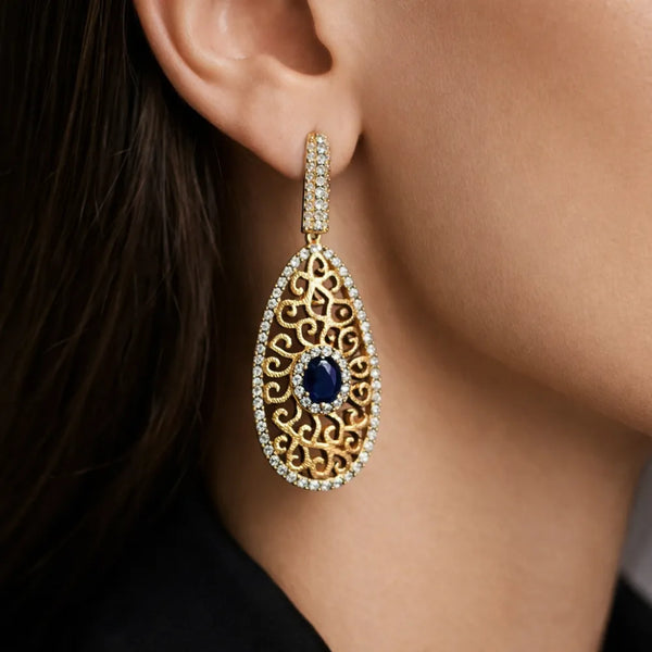 Blue Stone Filigree Drop Anti-Tarnish Earring