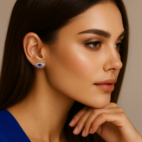 Blue Evil Eye Silver Stud Earrings