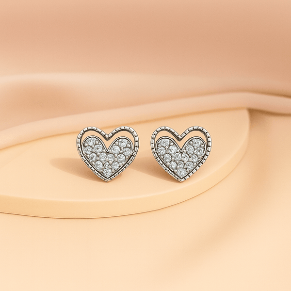 Sparkling Heart Silver Stud Earrings