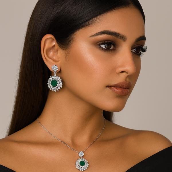 Emerald Floral Halo Silver Pendant Set