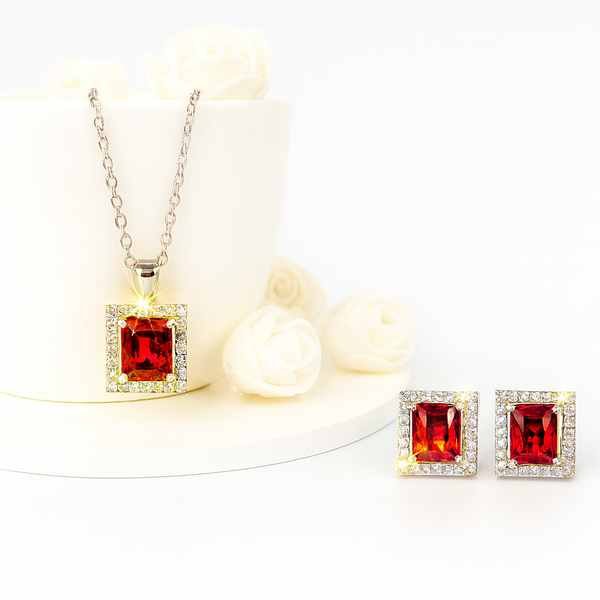 Ruby Square Halo Silver Pendant Set