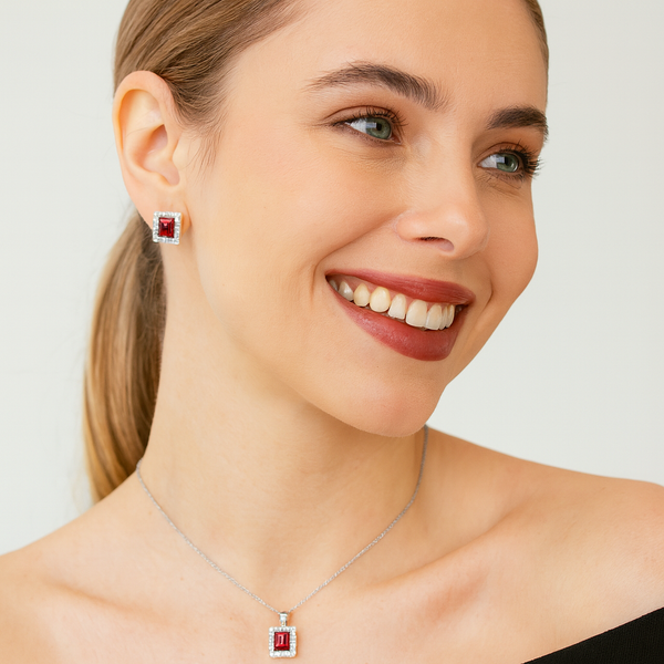 Ruby Square Halo Silver Pendant Set
