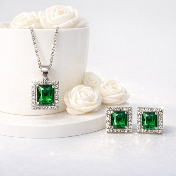 Emerald Square Halo Silver Pendant Set