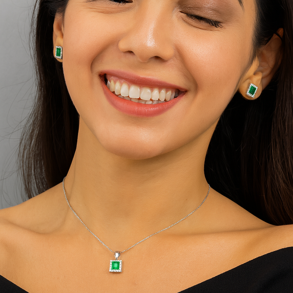 Emerald Square Halo Silver Pendant Set