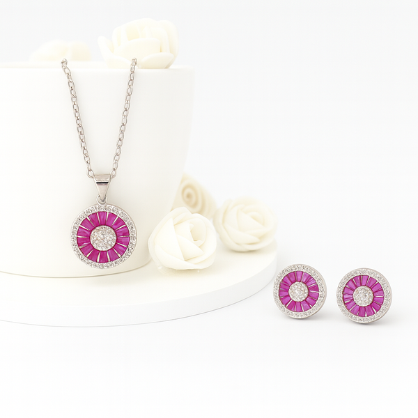 Pink Radiant Circle Silver Pendant Set