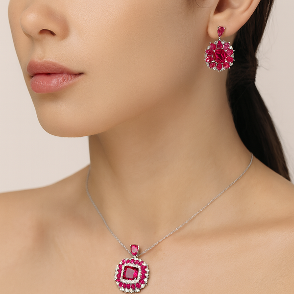 Ruby Floral Halo Silver Pendant Set