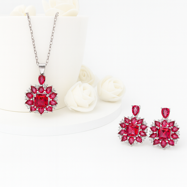 Ruby Floral Halo Silver Pendant Set