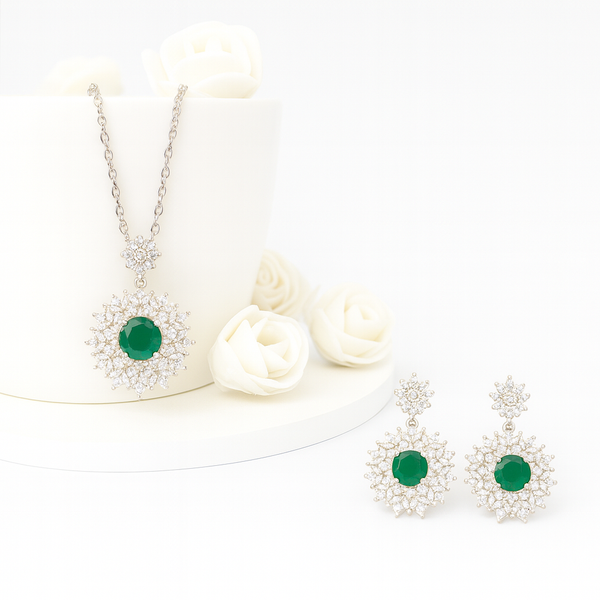 Emerald Floral Halo Silver Pendant Set