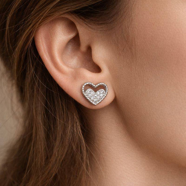 Sparkling Heart Silver Stud Earrings