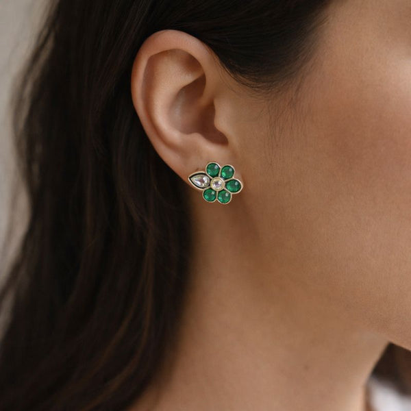 Emerald Bloom Silver Floral Stud Earrings