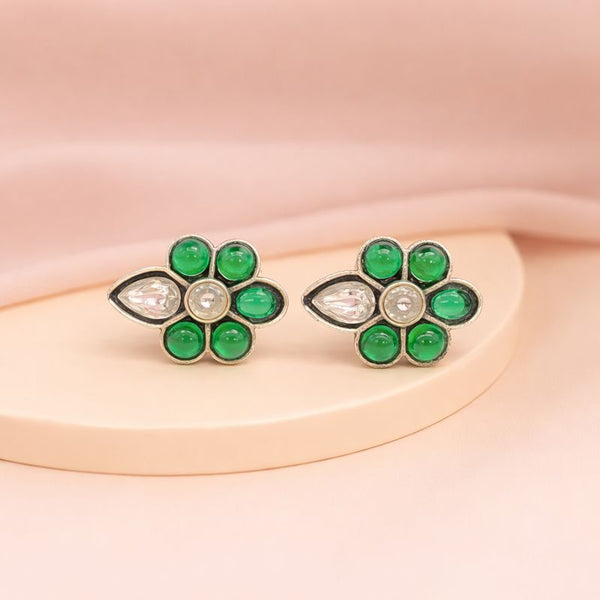Emerald Bloom Silver Floral Stud Earrings