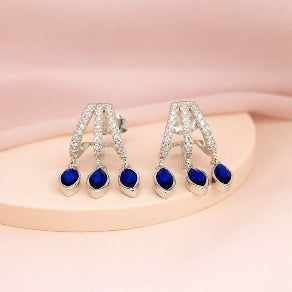 Blue Drop CZ Silver Dangle Stud Earrings