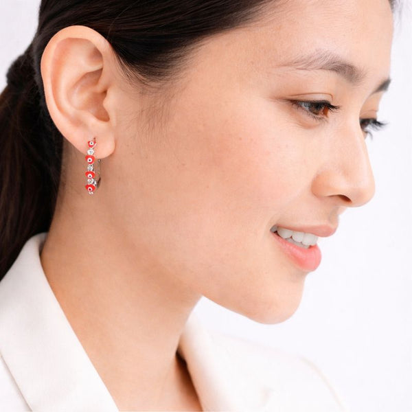 Red Evil Eye Silver Hoop Earrings