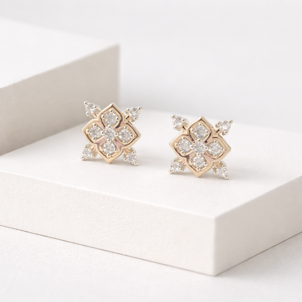 Rose Gold CZ Floral Silver Stud Earrings
