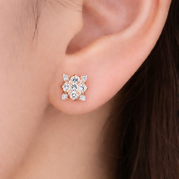 Rose Gold CZ Floral Silver Stud Earrings