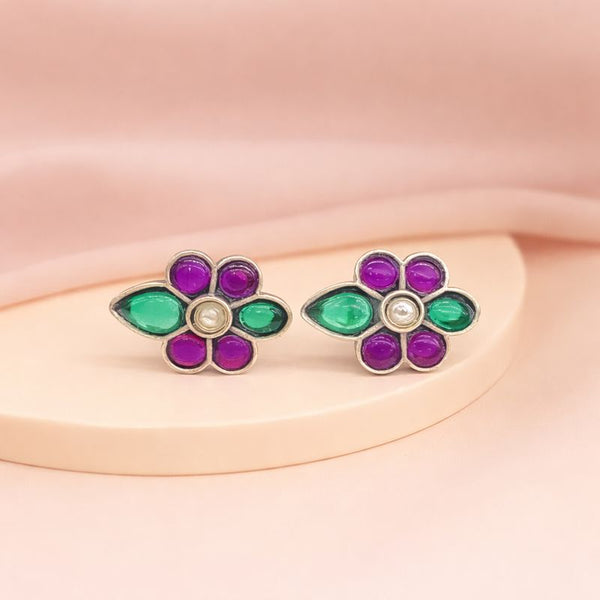 Floral Multicolor Silver Stud Earrings