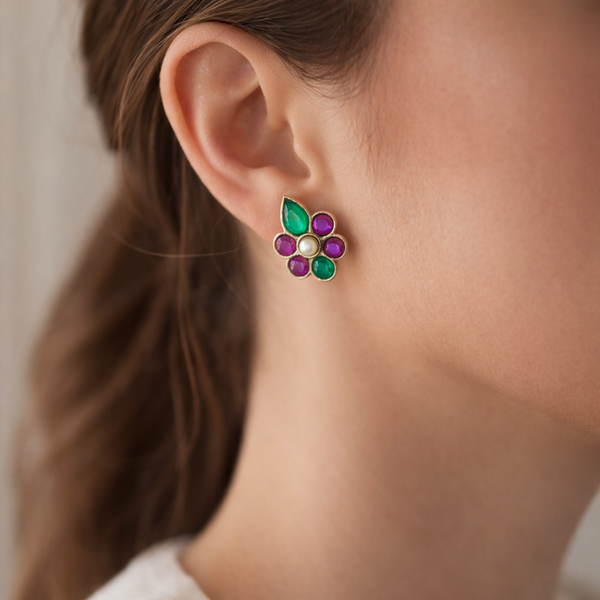 Floral Multicolor Silver Stud Earrings