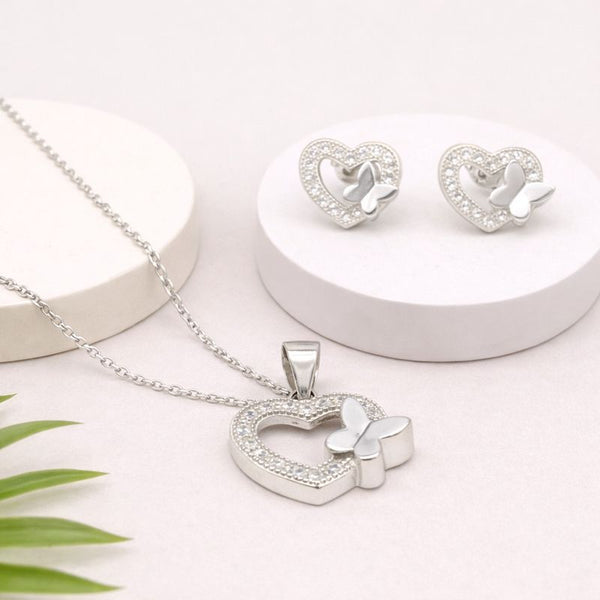 Silver Heart Butterfly Pendant Set