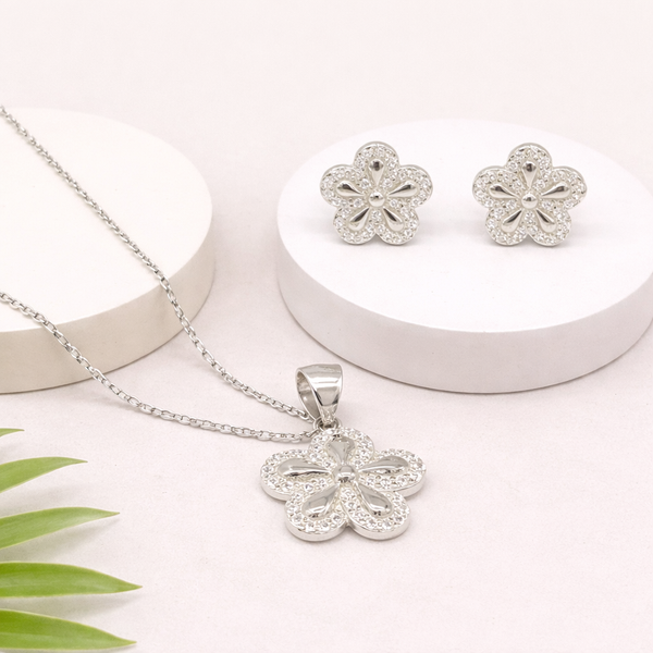 Floral Sparkle Silver Pendant Set