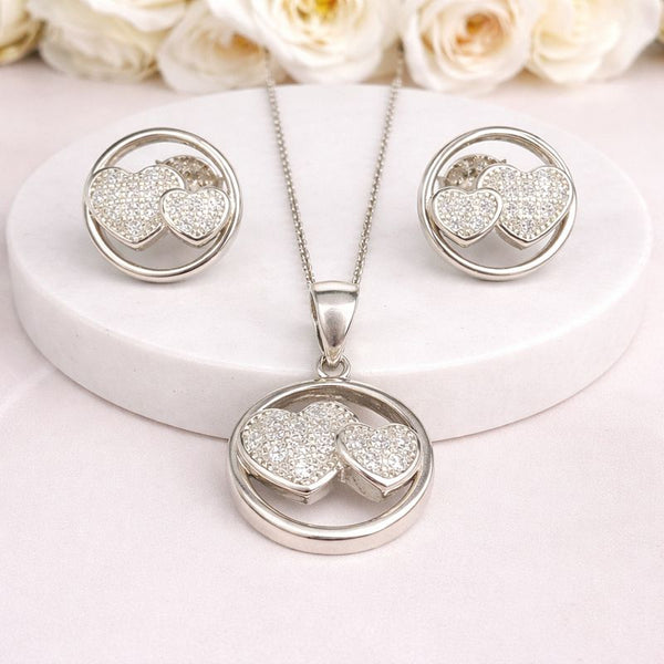 Double Heart Circle Silver Pendant Set