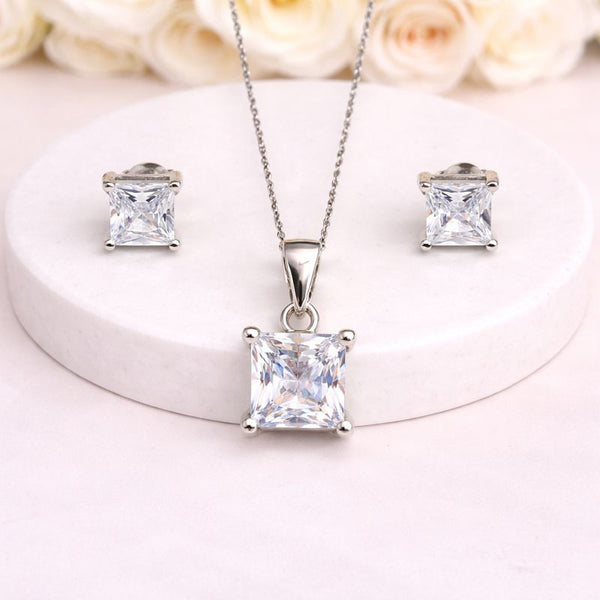 Classic Silver Princess-Cut Pendant set
