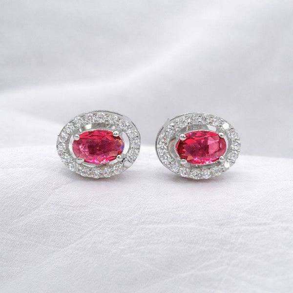 Ruby Red Halo Stud Earrings | 925 Silver CZ Diamond Look