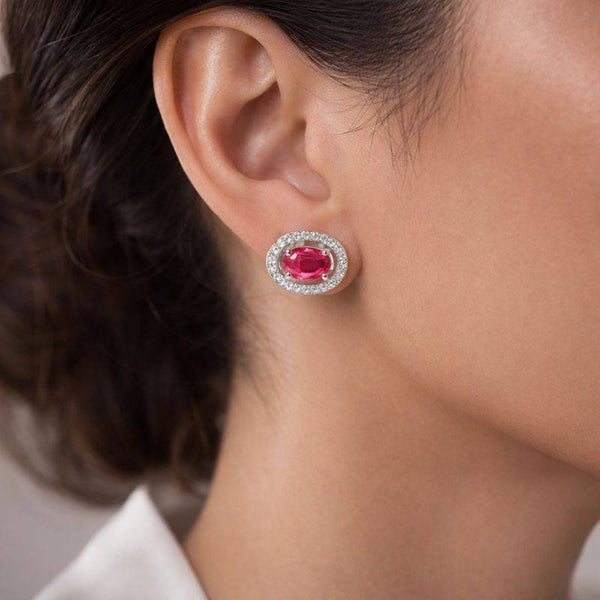 Ruby Red Halo Stud Earrings | 925 Silver CZ Diamond Look