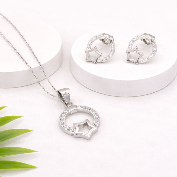 Star Halo 925 Silver Pendant Set  | Star Necklace & Stud Earrings