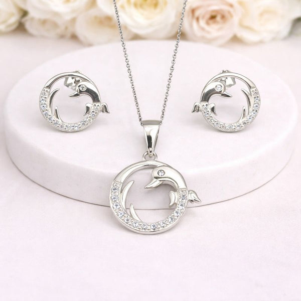 Dolphin Circle  Silver Pendant Set