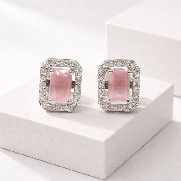 Silver Pink Rectangle Halo Stud Earrings