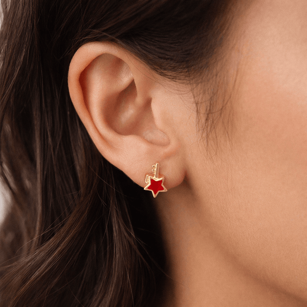 Silver Gold-Plated Red Heart & Star Key Stud Earrings